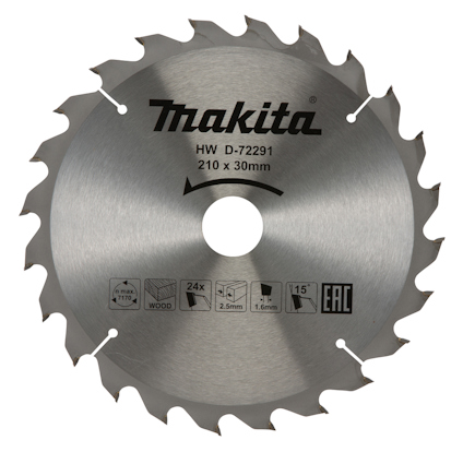 Cirkelsågblad i metall med märken för Makita och specifikationer som 24 tänder och 210 x 30 mm storlek.