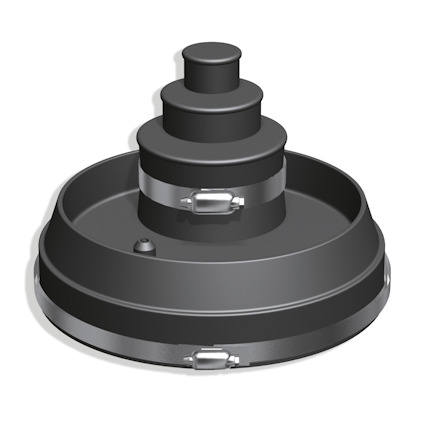 Svart, rund gummistos med flera nivåer och metalldetaljer.