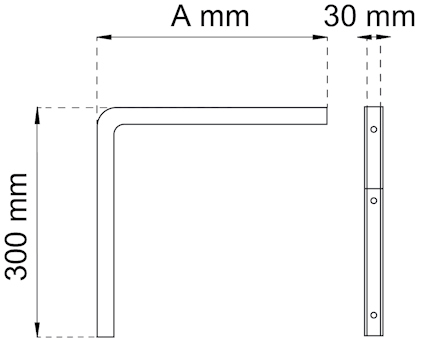Ritning av en L-formad metallvinkel, 300 mm hög, 30 mm bred, med en okänd längd A mm.