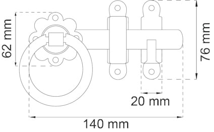 Ritning av ringhandtag med dimensioner: total längd 140 mm, höjd 76 mm, ringdiameter 62 mm, tjocklek 20 mm.