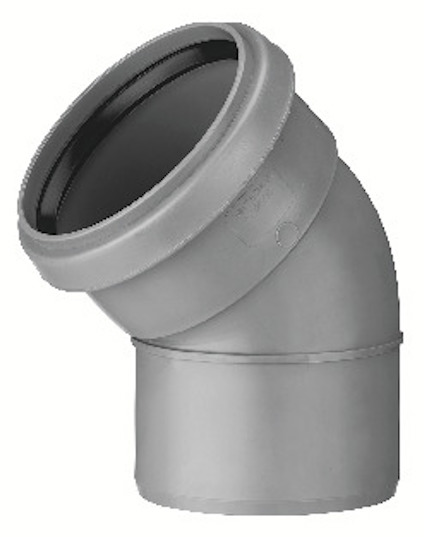 Grå rörböj i plast med 45 graders vinkel och en muff.
