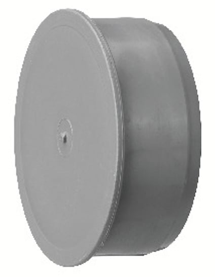 Grå cirkulär plastpropp med platt ovansida och smala kanter.