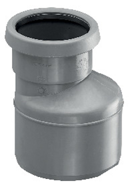 Grå plastkoppling med förminskning och rundad form, designad för röranslutningar.