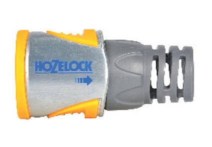 Snabbkoppling av metall med grå och orange detaljer samt texten "HOZELOCK" och en blå pil.