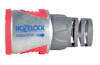 Koppling med texten "HOZELOCK AQUA STOP" i blått på silverfärgad och grå bakgrund med röda detaljer.
