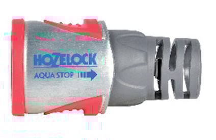 Koppling med texten "HOZELOCK AQUA STOP" i blått på silverfärgad och grå bakgrund med röda detaljer.
