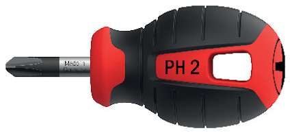 Svart och röd skruvmejsel med tjockt grepp, märkt "PH 2".