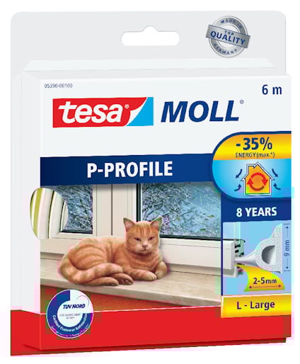 Förpackning för tesa Moll P-Profile tätningslist, med bild av en katt vid ett fönster och text om energibesparing.