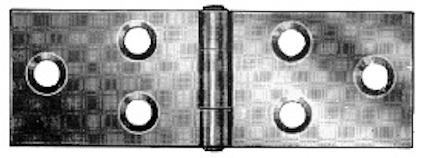 Metallgångjärn med fyra skruvhål, två på varje sida av den rörliga delen i mitten.