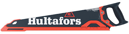 Handsåg med rött och svart handtag, svart blad med vit text "Hultafors" och en röd skyddslist.