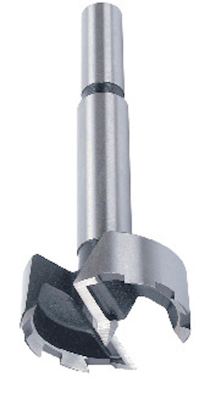 Metallisk gångjärnsborr med cylindriskt skaft och tandat skärhuvud.