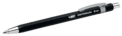 Svart stiftpenna med silverfärgade detaljer och texten "BIC CRITERIUM 2.0 mm" på sidan.