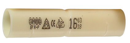 Vit cylindrisk skarvmuff med tryckt text och symboler.