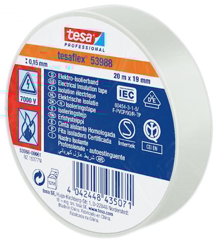 Vit isoleringstejp med tesa logotyp och informationstext på förpackningen.
