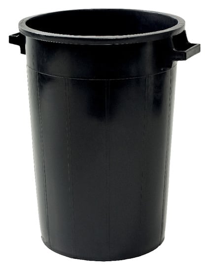 Svart plasttunna med två handtag på sidorna.