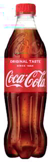 Coca-Cola-flaska med röd etikett, texten "Coca-Cola", "Original Taste", "Since 1886". Röd skruvkork.