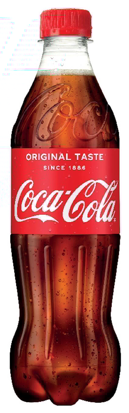 Coca-Cola-flaska med röd etikett, texten "Coca-Cola", "Original Taste", "Since 1886". Röd skruvkork.
