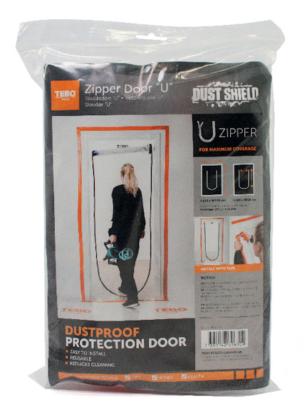 Förpackning som innehåller en dammskyddande dörr med dragkedja. En person visas på etiketten.