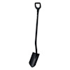Svart spade med ergonomiskt handtag och spetsigt blad, stående mot en vit bakgrund.