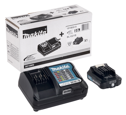 Laddare och batteri av märket Makita, modell DC10WD, med tillhörande förpackning.