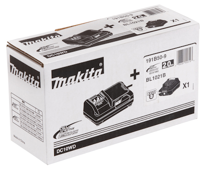 Kartong med Makita batteriladdare DC10WD och batteri BL1021B, 12V max, 2.0 Ah.
