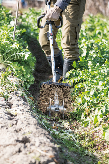 Person använder en jordfräs på en grönskande odlingsplats.
