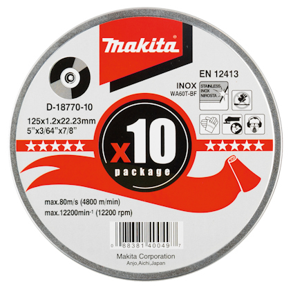 Rund kapskiva med etikett som visar varumärket Makita, text och symboler för rostfritt stål och metallskärning.