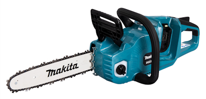 Motorsåg i blått och vitt med svärd och kedja, märkt "Makita".