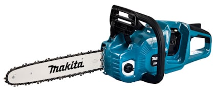 Elmotorsåg med blått hölje och vitt svärd med texten "Makita".