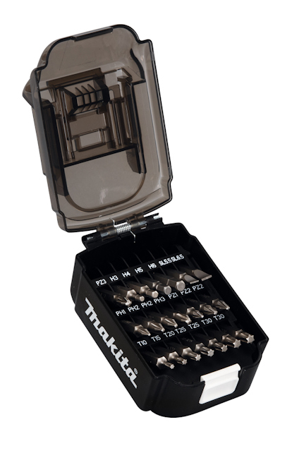 Öppen svart verktygslåda med flera insatser för borrhuvuden, märkta med storlekar som PH, PZ och T.