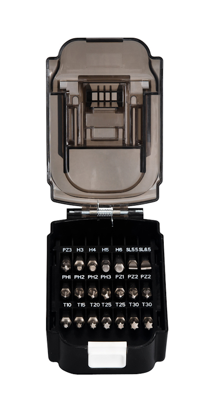 Svart låda med genomskinligt lock, innehållande olika bits för skruvmejslar, märkta med storlekar och typer.