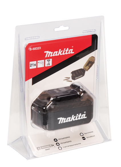 Förpackning med Makita tillbehörssats, innehållande 21 delar.