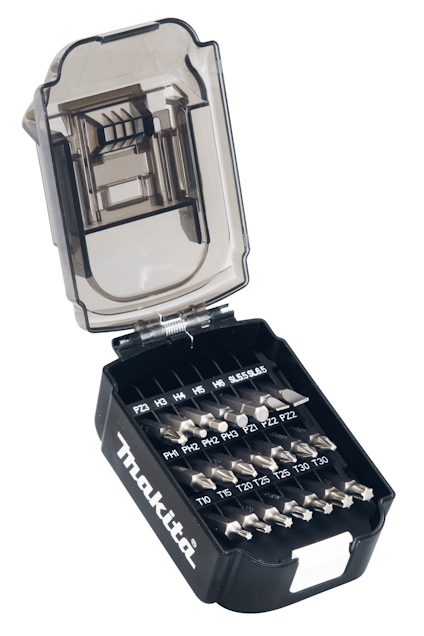 Borrbitsats i svart låda med transparent lock, innehåller olika borrbits ordnade i rader. Märkt "Makita".