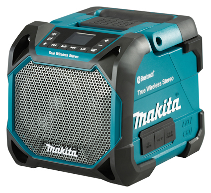 Bärbar trådlös högtalare med svart och turkos design, Makita-logga, kontrollknappar och Bluetooth-märkning.