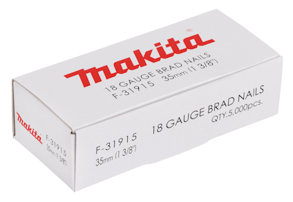 Vit kartong med texten "Makita 18 Gauge Brad Nails, F-31915, 35mm (1 3/8"), QTY.5,000pcs."
