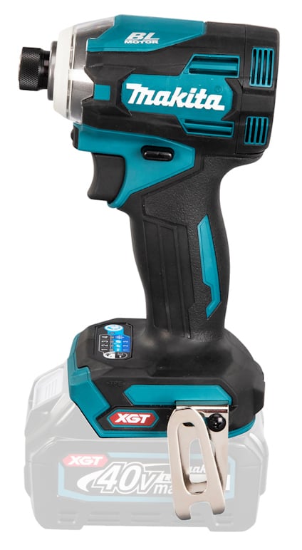 Batteridriven slagskruvdragare i svart och turkos med texten "Makita" och "40V Max XGT" på batteriet.