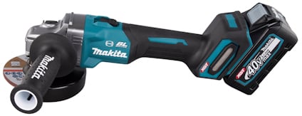 Vinkelslip från Makita med batteri och skiva installerad.