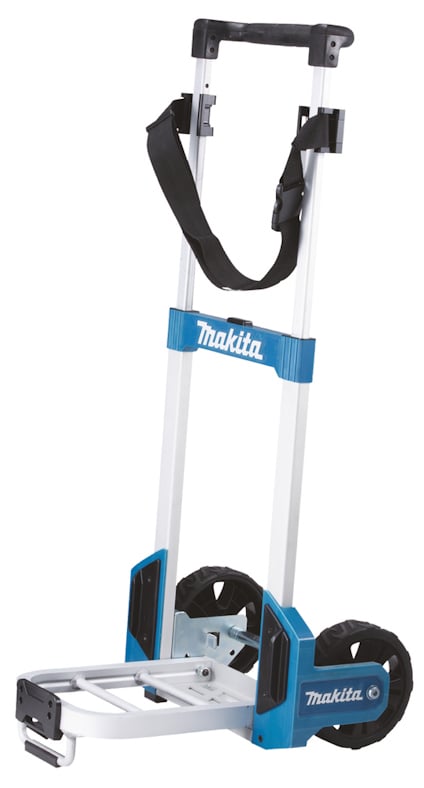 Transportvagn i metall och plast med två hjul, utdragbart handtag och bärrem. Märkt med "Makita".