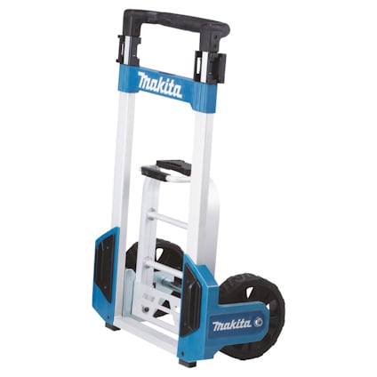 Makita handtruck med två hjul, blå och vit design, hopfällbar konstruktion.