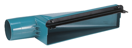 Blått plastverktyg med platt bas och brett munstycke, liknar en spridarapparat.