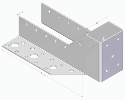 Metallfäste med flera hål, mått 167,5 och 45 visas, tjocklek 2.