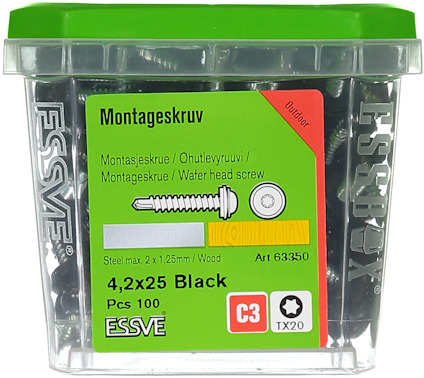 Essve-skruvpaket med grönt lock, innehållande 100 svarta 4,2x25 mm montageskruvar.