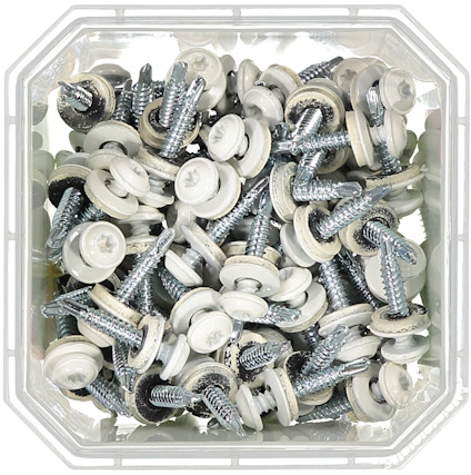 Skruvar med vita plastbrickor i en transparent, åttkantig plastbehållare.