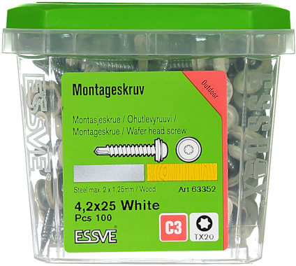 Förpackning med vita montageskruvar, 4,2x25 mm, 100 st, Essve.