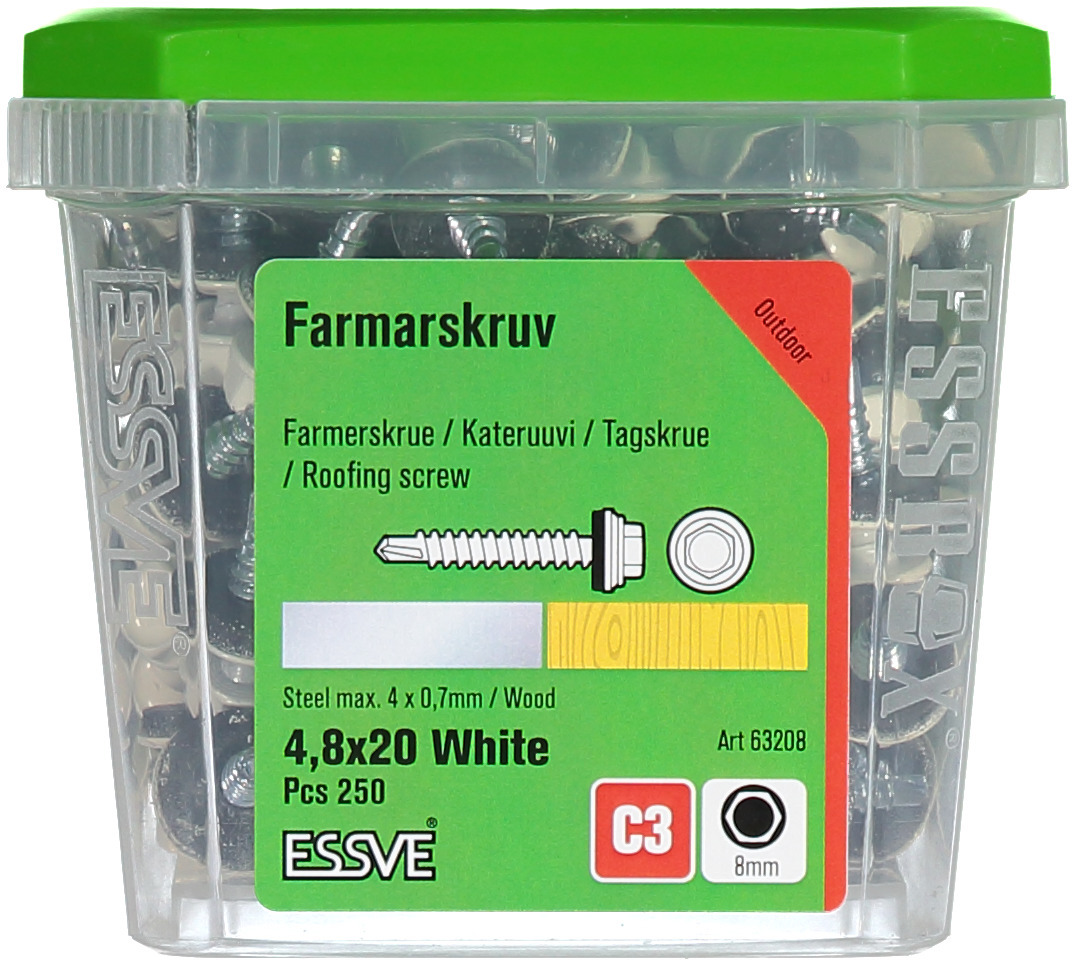 FARMARSKRUV BS SEXKANTSHUVUD MBRICKA VIT 4,8X20 250ST - ESSVE