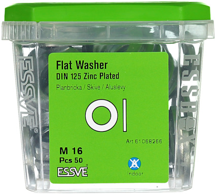 Plastförpackning med flat bricka, M16, DIN 125, zinkpläterad. 50 st. Märkt "ESSVE". Art 61068266.