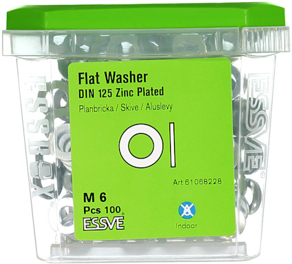 Förpackning med 100 planbrickor M6, zinkbelagda, artikelnummer 61068228, för inomhusbruk.