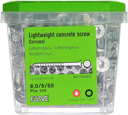 Förpackning med lättbetongskruv från Essve, 8,0/5/65, 100 st, artikelnummer 105301.