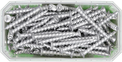 Skruvlåda med silverfärgade skruvar i en rektangulär plastbehållare på grön botten.