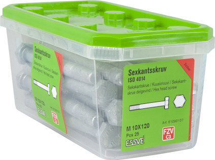 Plastlåda med grönt lock innehållande sexkantsskruvar ISO 4014, storlek M 10x120, 25 st.
